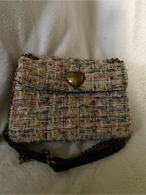 Betsey Johnson Cream Tweed Crossbody with Gold Heart Accent